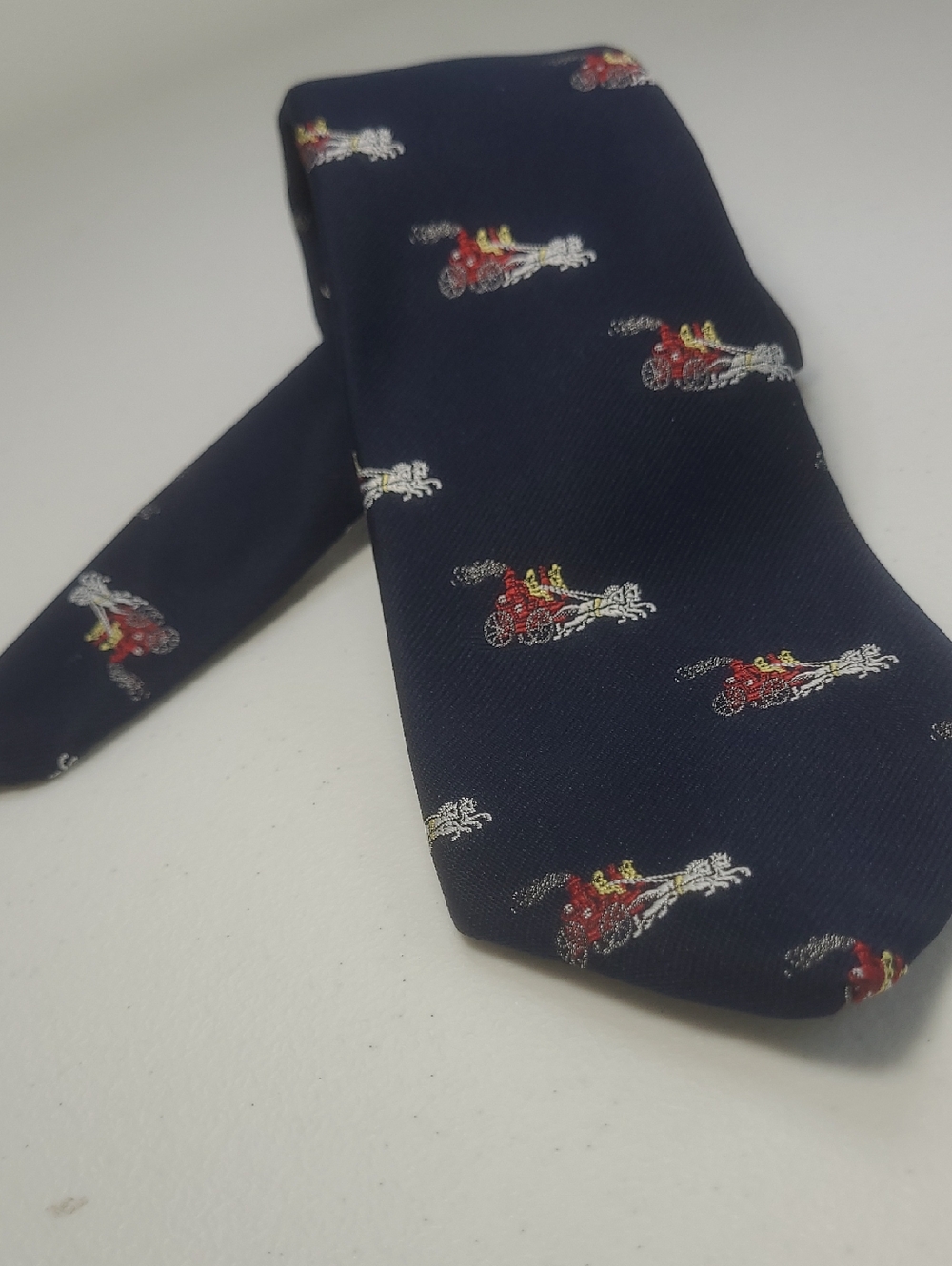 Classic Navy Patterned Men's Tie - Navy with Red Accent Fire Wagons